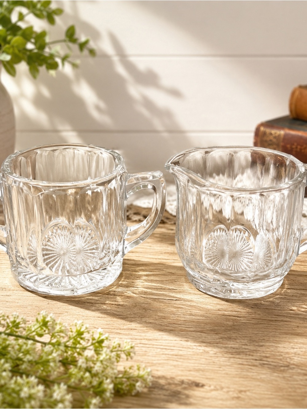 Vintage Clear Pressed Glass Creamer & Double Handled Sugar Bowl Set
